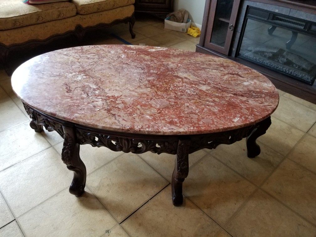 Carved Cherrywood and Marble Livingroom Table Set