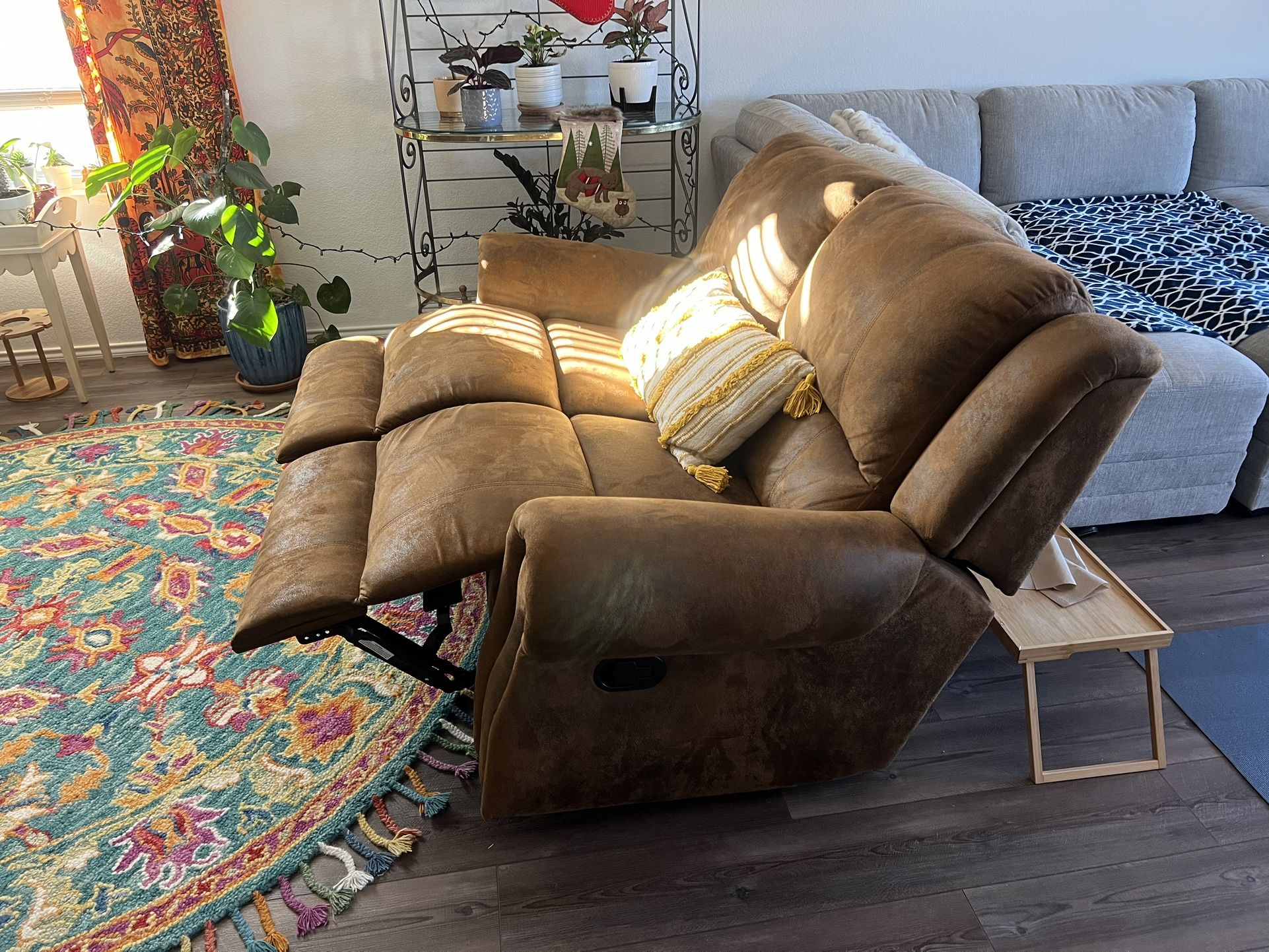 Brown Suede Loveseat- Rocks And Reclines