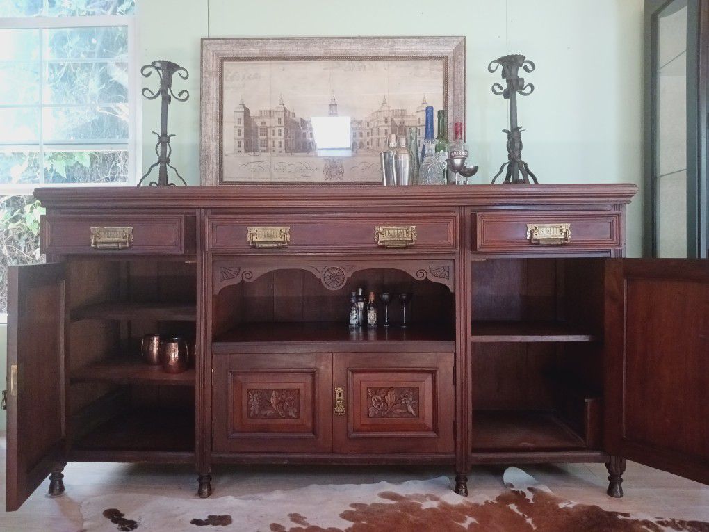 Beautiful Antique Carved Sideboard , Parlor Bar Cabinet