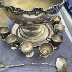 Floral Large 12" Silver Plated Footed Punch Bowl w/ Ladle & Cups Set Lot