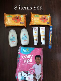 1 Pampers Diaper (size 4T-5T); 2 Johnson Cotton Touch Lotion; 144 Sesame Street Baby Wipes (72x2); 2 Burts Bee Toothpaste; 1 Sesame Street Toothbr