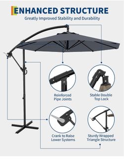 10ft Patio Umbrella with Base Included, Outdoor Offset Cantilever Umbrella, Infinite Tilt, Crank and Cross Base, Grey
