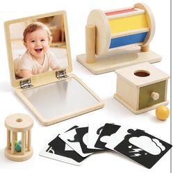 Montessori Toys for Babies 0-6 6-12 Months, Sensory Developmental Baby Toys, Tummy Time Toy - 5 in 1 Wooden Learning Toy Set, High Contrast Cards, Mir