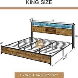 ADORNEVE King Size Bed Frame with Storage & LED Light Headboard, Metal Platform Bed with Type-C & USB Charging Station, King Bed Frame with Shelf Head