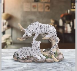 Jungle Frolic Siberian Bengal White Tiger Couple On Branch/Rocky Base 6.75x9.25”