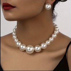 Jewelry Set, Earrings And Necklace, Elegant Temperament Ball Shape Creamy-white Acrylic Pearl Jewelry Set, For Women Wear Holiday Wedding Accessories