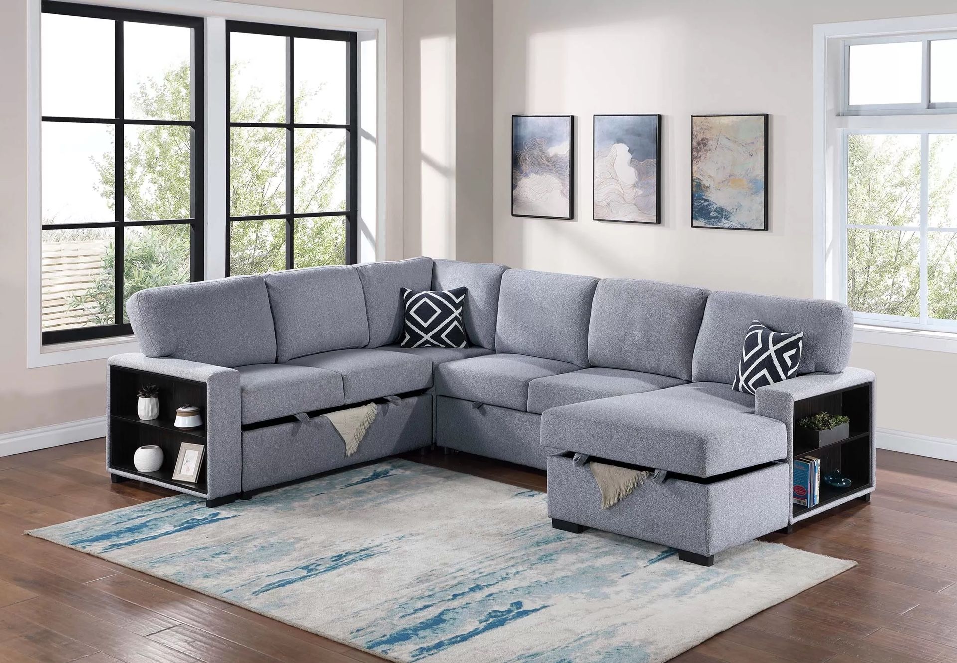 4-Piece Convertible Sectional Sleeper Sofa W/Fold-Down Table, Chaise Storage, Wireless Charging & Built-in Shelf