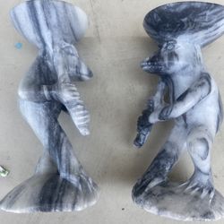 Pair of Carved Gray And Black Frog Figure Stone Candle Holders 5” Tall W/Candles