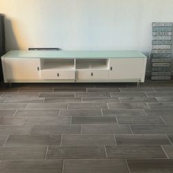 Modern White TV Stand w/ Glass Top – Fits 75” TV