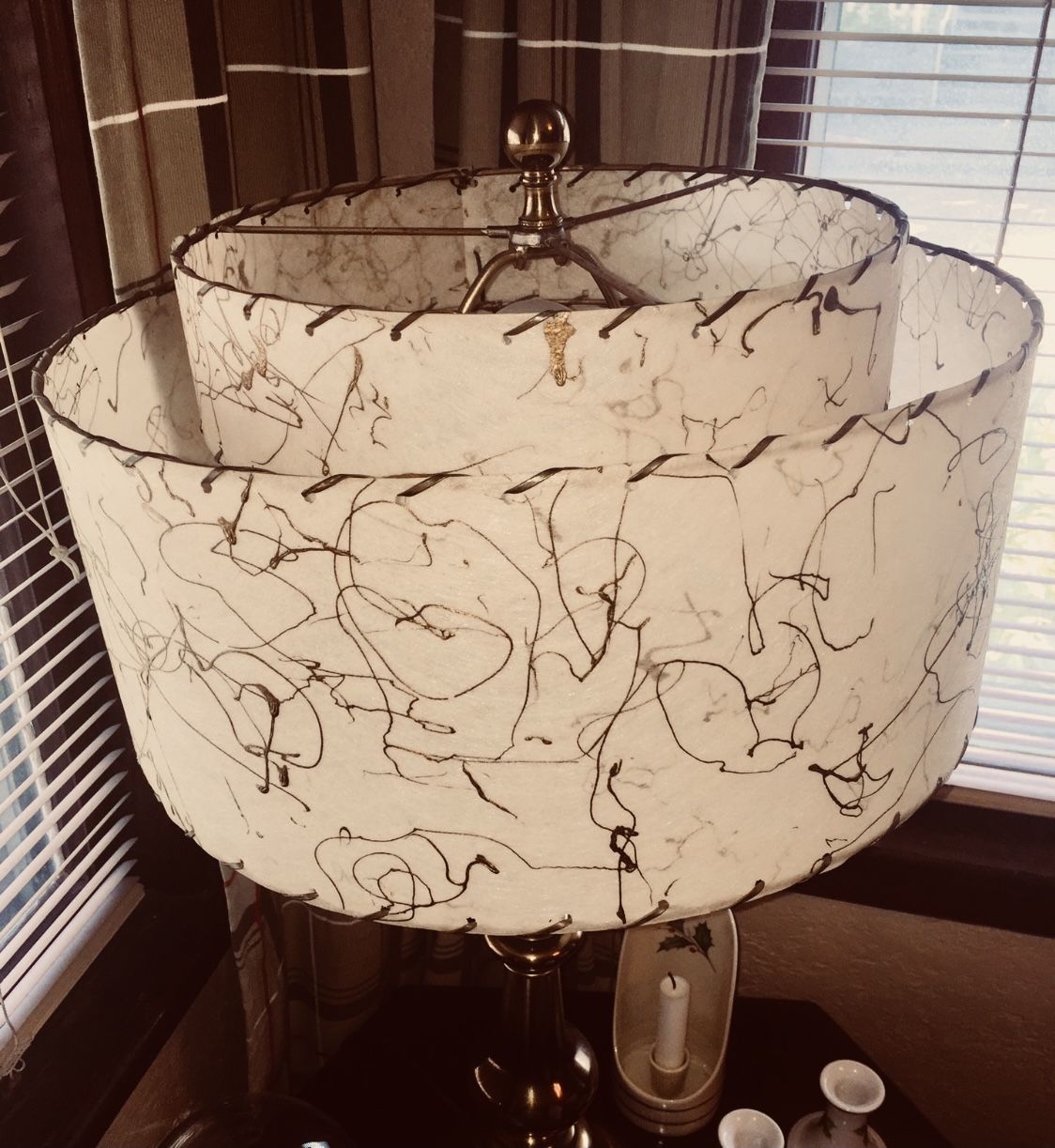 VINTAGE 1950’s RAWHIDE DRUM STYLE TWO TIER LAMP SHADE WITH GOLD EMBELLISHED AROUND BOTH TIERS 17 Inches Wide X 9 Inches Tall Hand Made w/ BRASS FRAME