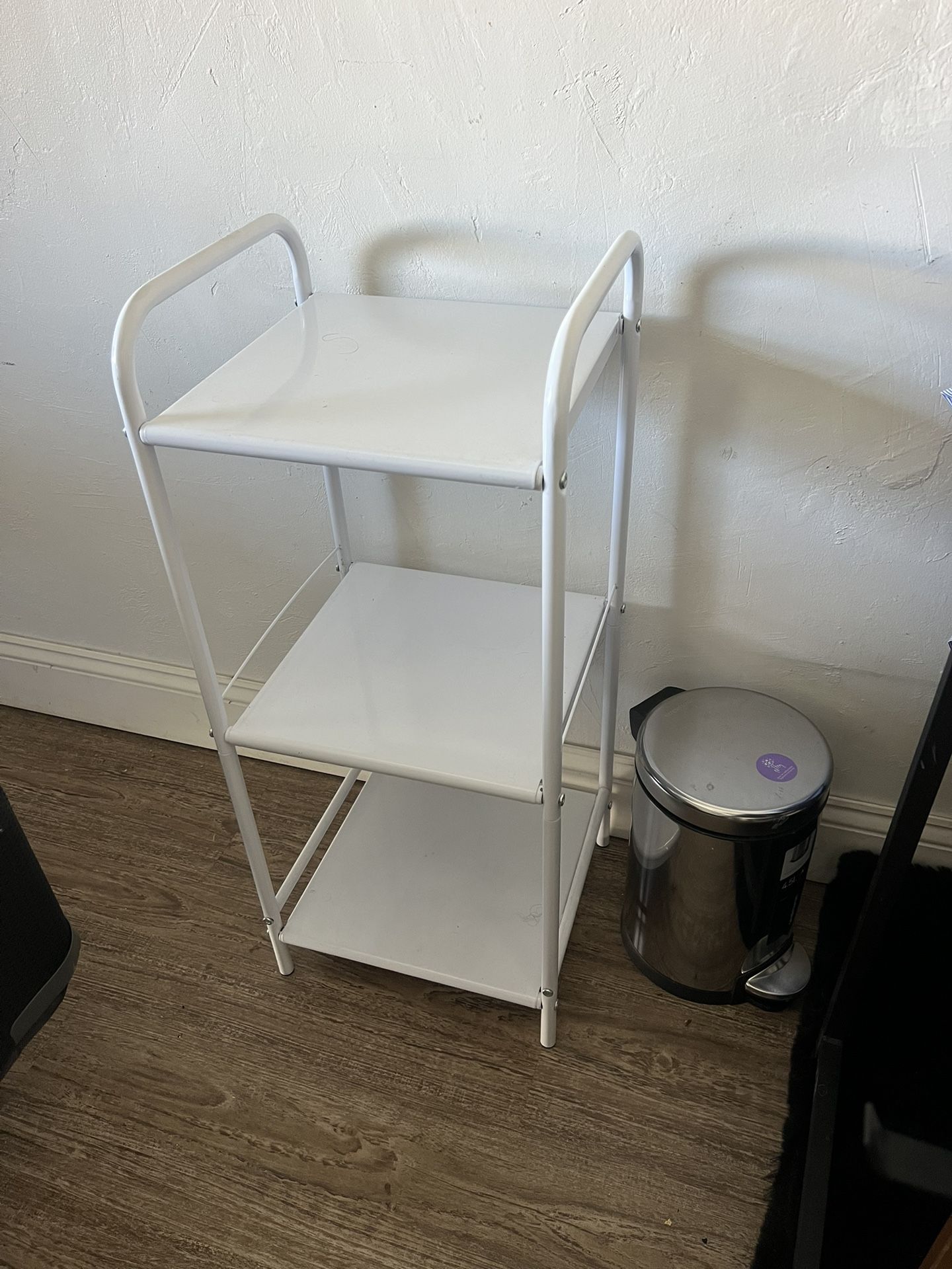 Small White Metal Shelf (3-Tier) & Stainless Steel Step Trash Can