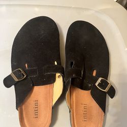 Intini suede clog with a cork footbed and an adjustable metal buckle