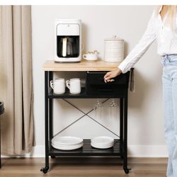 Kitchen Island Cart, Storage, Black Base Solid wood rolling cart, pine top, 2 drawers, shelves, wine rack, mobile