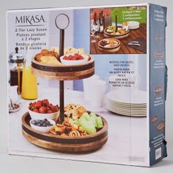 BRAND NEW 2-Tier Lazy Susan Burnished Iron & Mango Wood Decor Organizer Food Home Gift Display Collection 