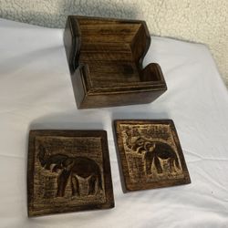 S.B Arts Drinks Coaster Dark Wood, Elephant Design, Set of 2 Coasters In Holder