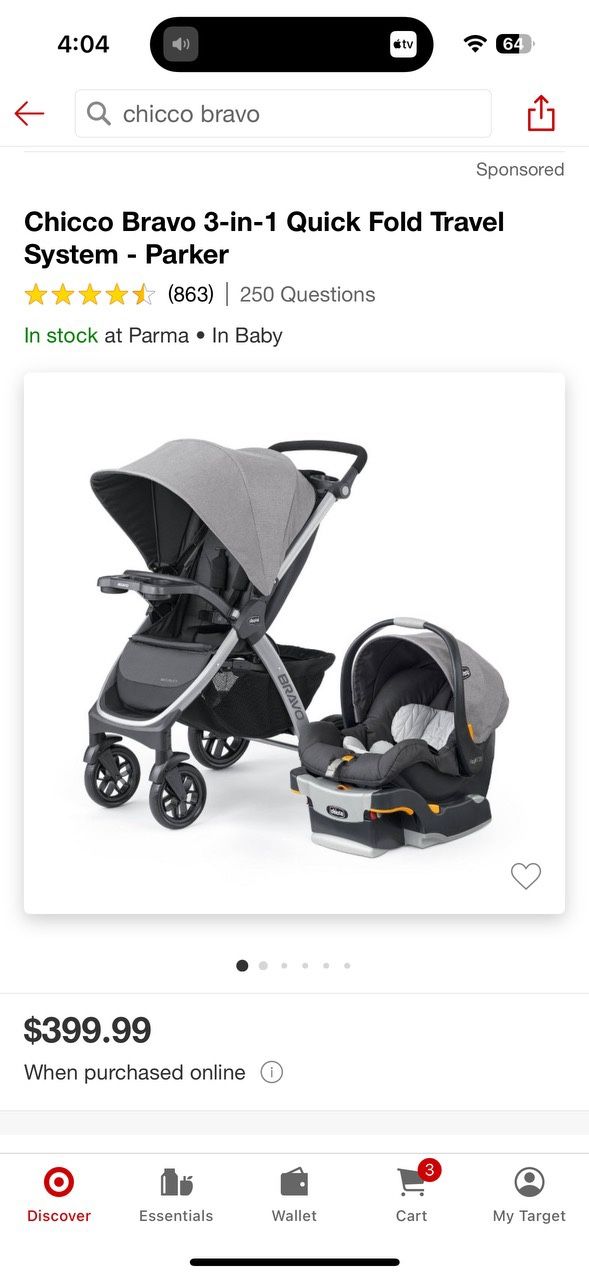 Stroller and car seat Chicco Bravo 3-in-1 Quick Fold Travel System