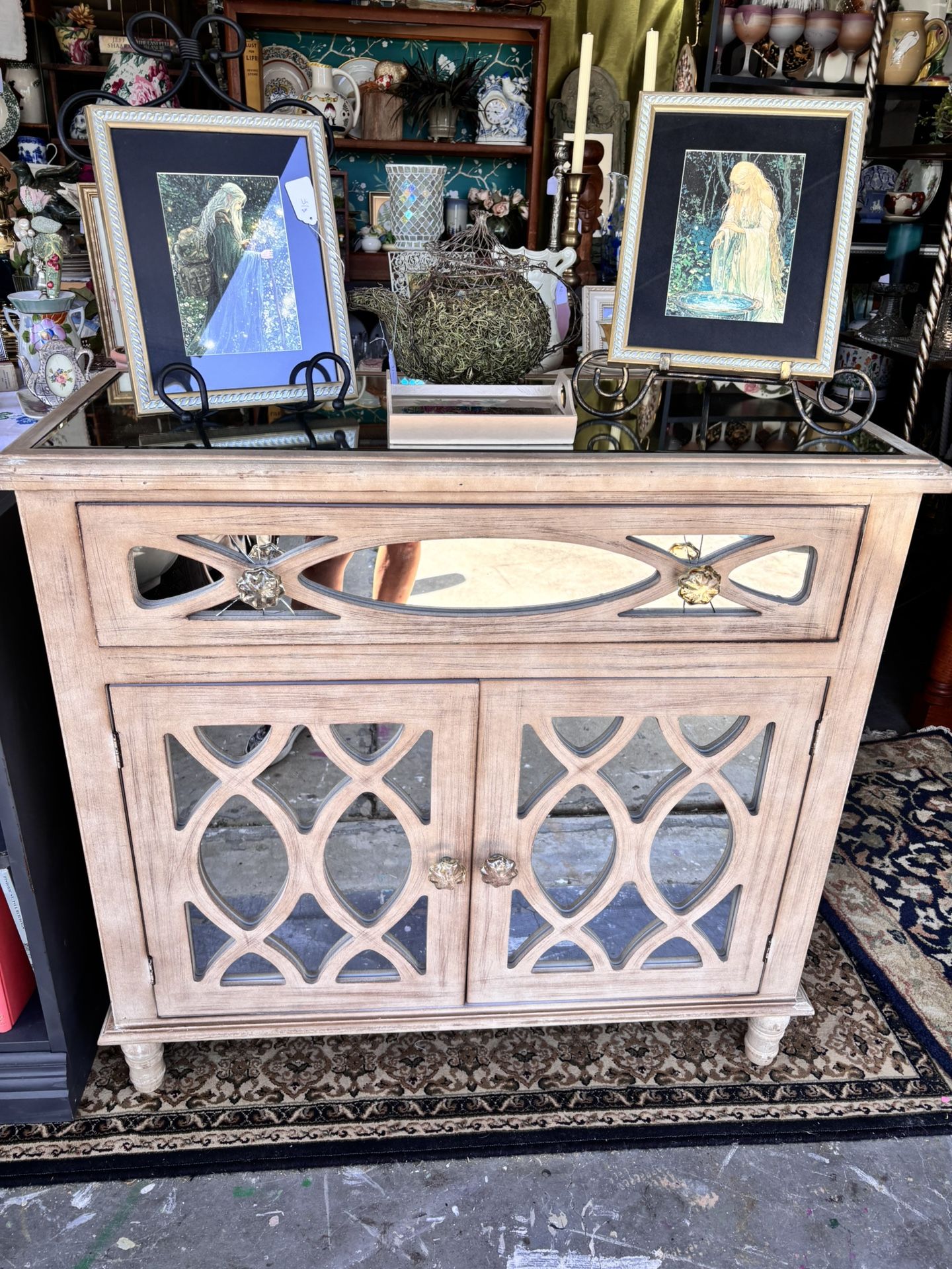 Mirrored light color wood buffet cabinet with one drawer and storage, Hollywood regency coastal