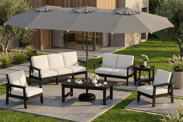 New in box SERWALL HDPE Patio Furniture 9 pieces Set with 15FT Double Side Patio Umbrella Havy-duty Weatherproof HDPE Frame with Wood-Like Texture, Sp