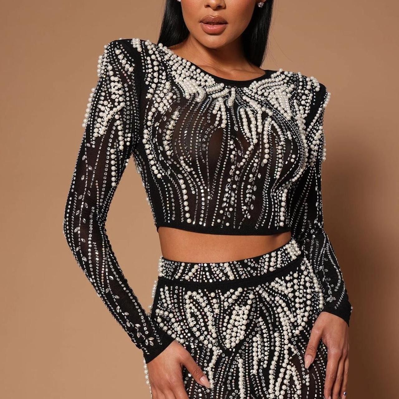 Fashion Nova Luxe Pearl & Rhinestone Mesh Crop Top Size: XS