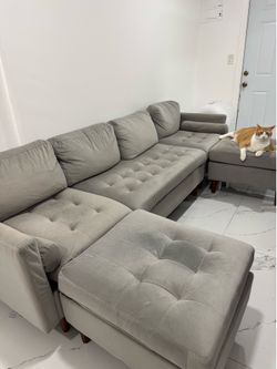 Gray Velvet Modular Sectional Sofa with Ottoman – Modern & Comfortable