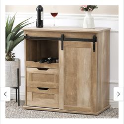 Natural Oak Finish Manufactured Wood Wine and Storage Cabinet