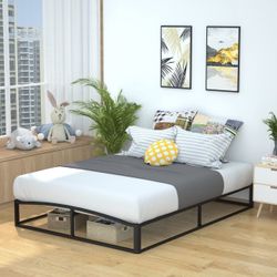 Amazon Basics Metal Platform Bed Frame with Wood Slat Support, 10 Inches High, Queen, Black
