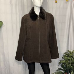 Jones New York Womens Brown Long Sleeve Faux Fur Collar Full Zip Jacket Size XL