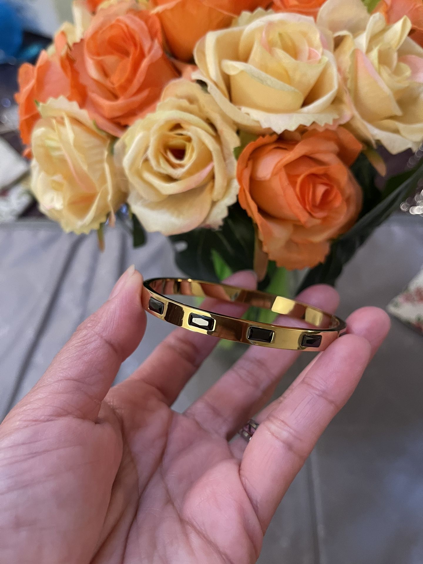 Geometric Black and Gold Metal Bracelet with Enamel Inlay