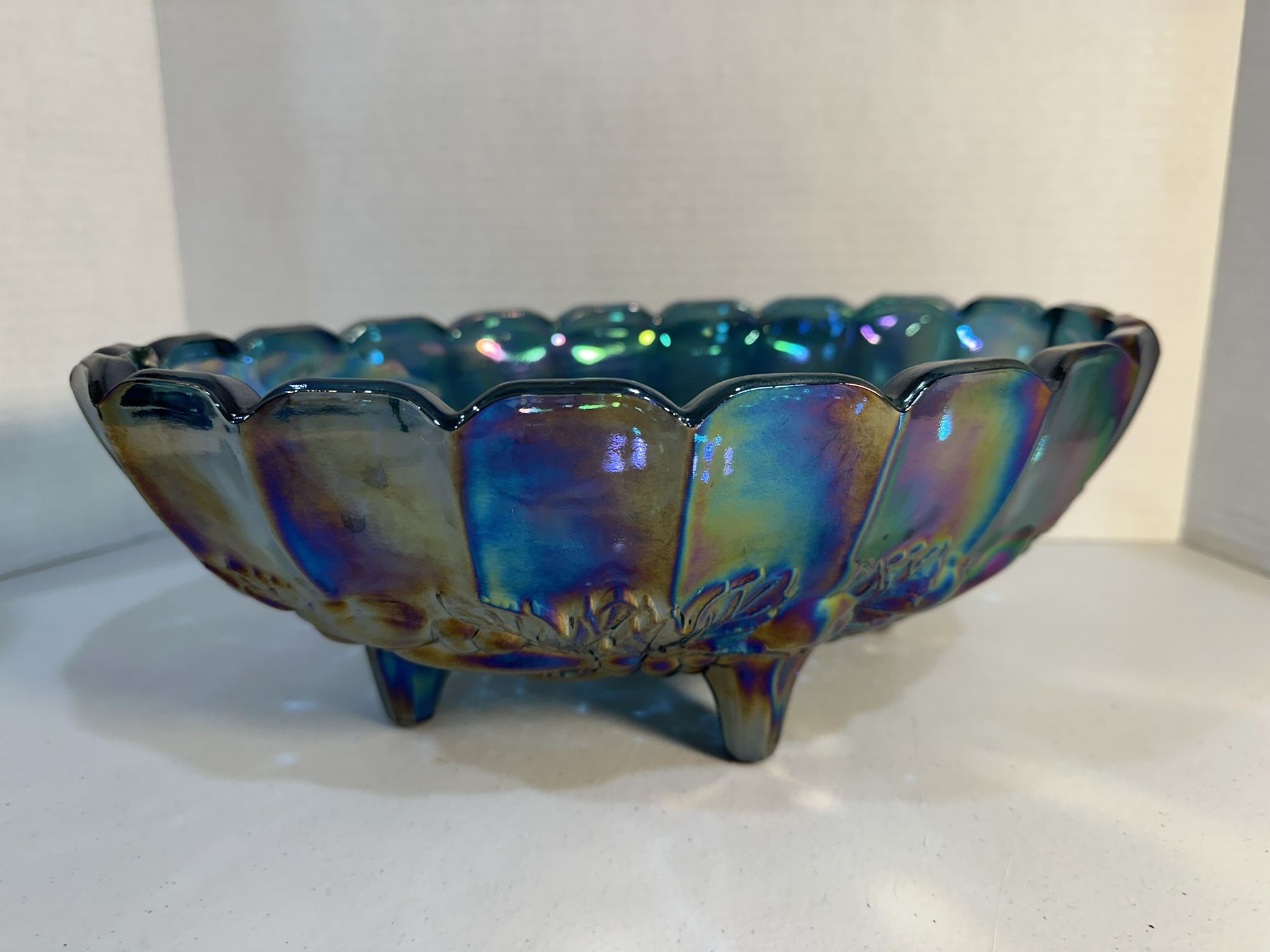 Vintage Indiana Glass Blue Iridescent Carnival Glass Footed Oval Bowl
