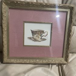 Elegant Vintage Floral Teacup Print in Ornate Gold Frame – Cottage Core Wall Decor