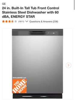 GE 24 in. Built-In Tall Tub Front Control Stainless Steel Dishwasher with 60 dBA, ENERGY STAR