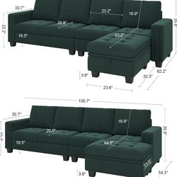 Belffin Velvet Reversible Sectional Sofa with Chaise Convertible L Shaped 4-seat Sectional Couch with Storage Ottoman Green