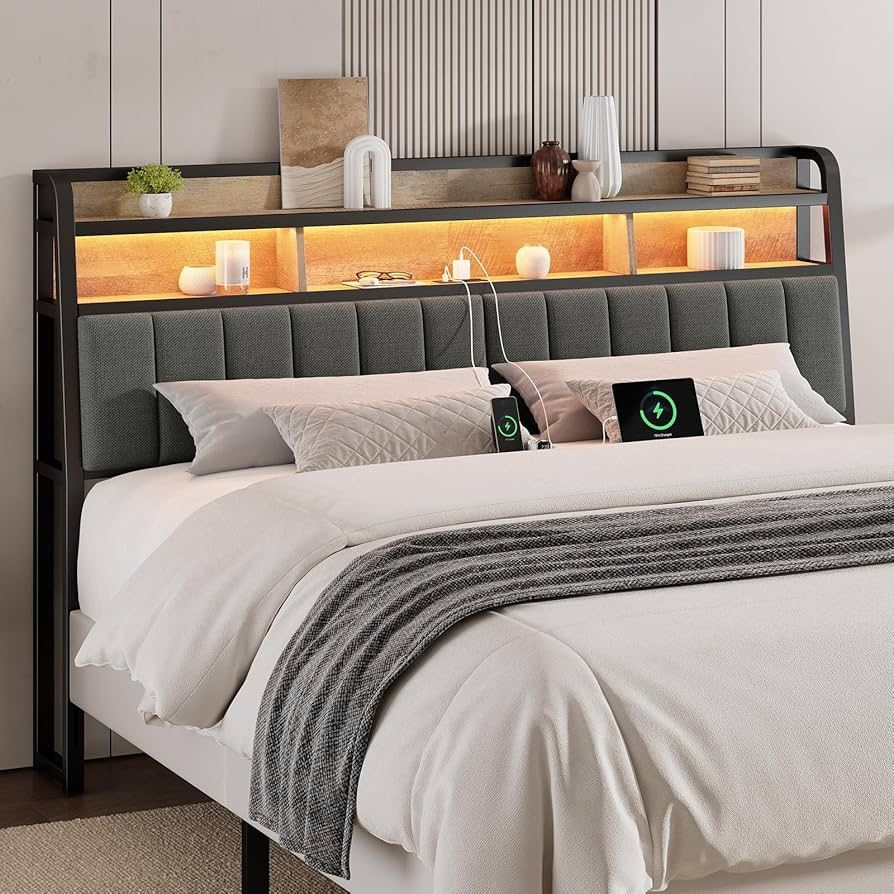 Ergonomic Headboard for King Size Bed with 2 Tier Storage, Upholstered  Headboards with Outlets, USB Ports,, image size:894x894