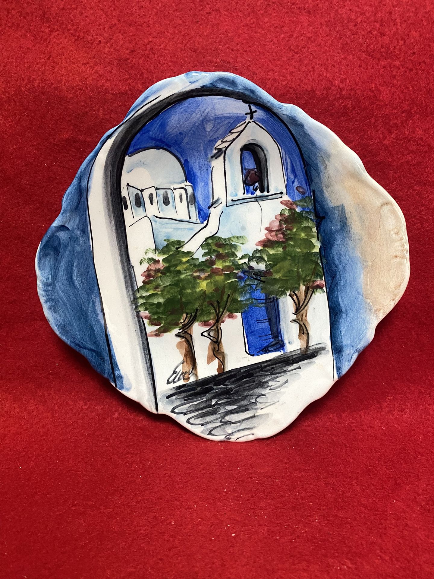 7 Inch Handmade Hand Painted Blue Ceramic Wall Hanging Plate Imported From Greece