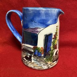 5.25 Inch Handmade Hand Painted Blue Ceramic Greek Pitcher Imported From Greece 