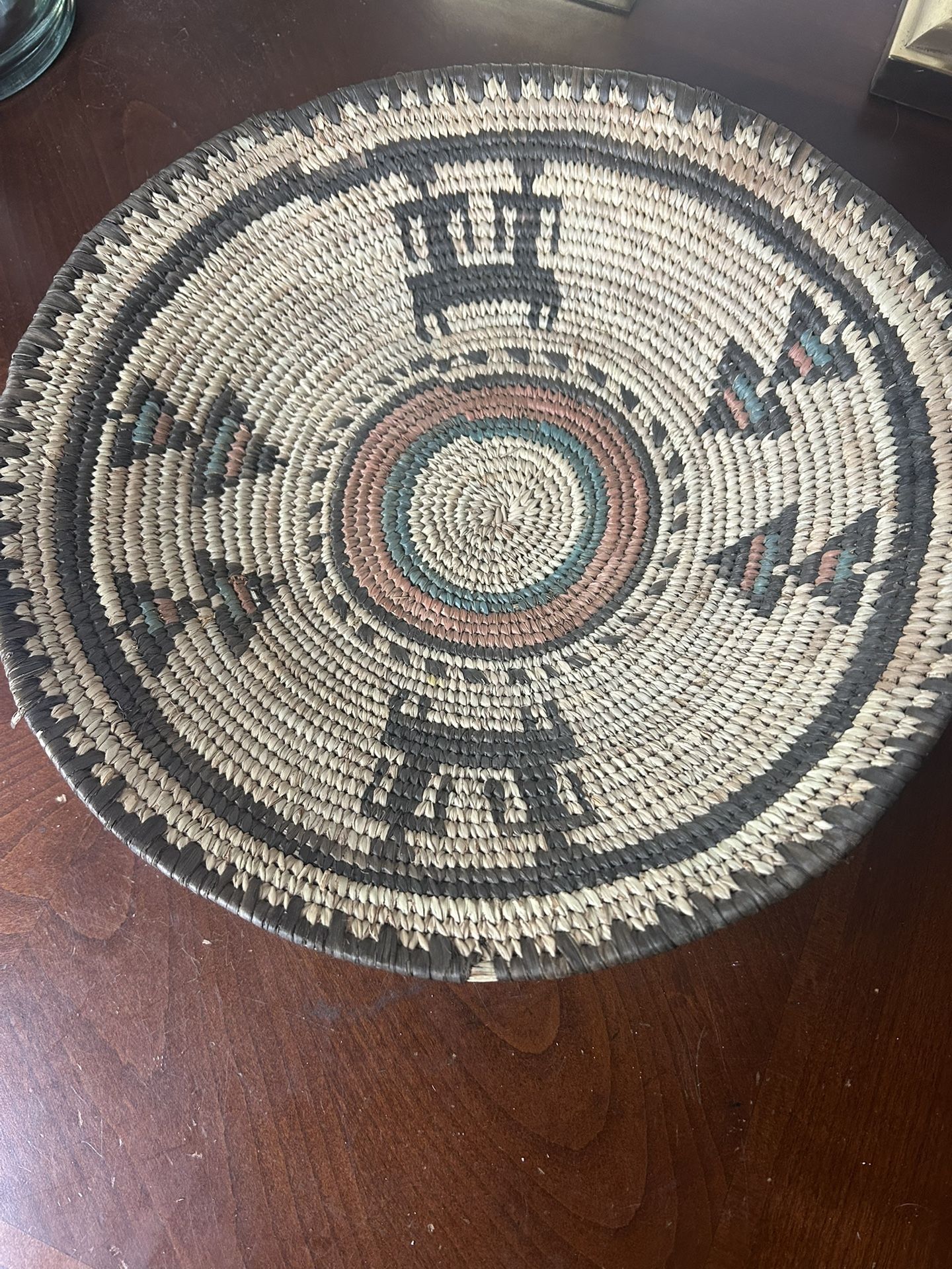 African Pictorial Coil Basket Tray Handmade Vintage Shallow