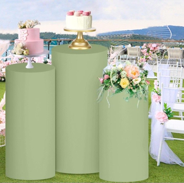 FUHSY Set of 3 Cylinder Covers Sage Green Cylinder Pedestal Stand Cover for Party Stretchy Fabric Spandex Round Plinth Covers Cylinder Display Box Sta