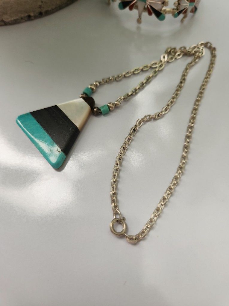 Turquoise, Jet Blk Wood, Mother Of Pearl Sterling Silver Necklace