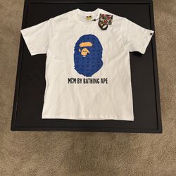 Bape White Tee with Blue and Orange Ape Graphic