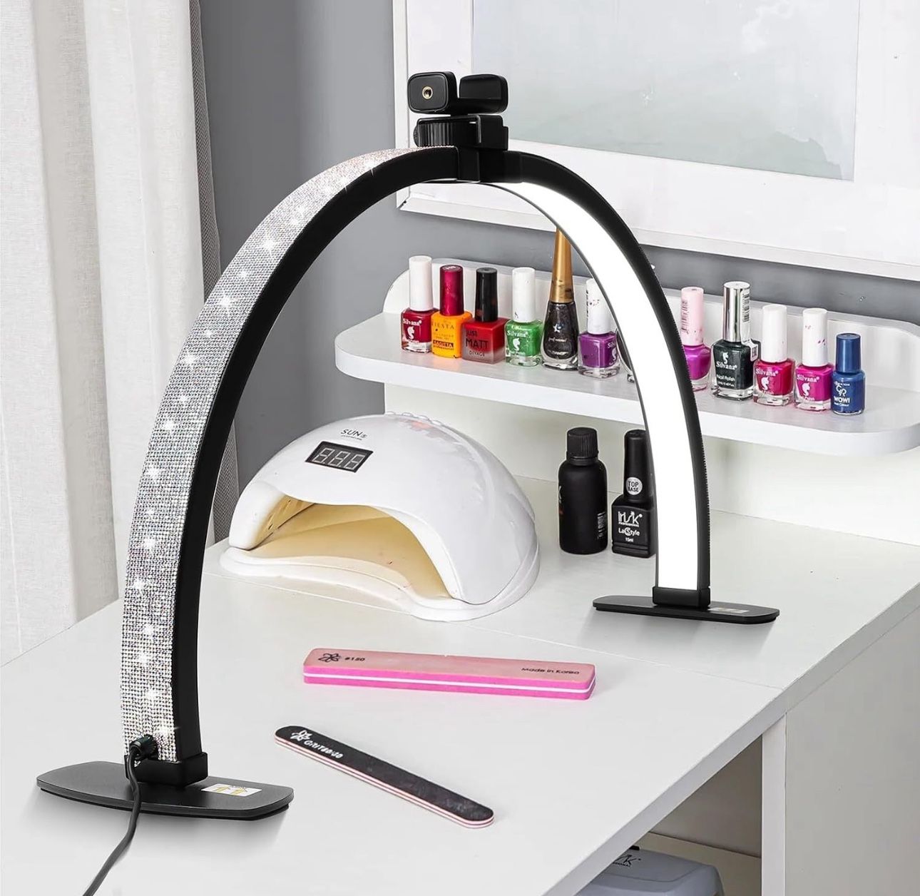 Half Moon Nail Desk Light with Phone Holder, 28 Inch Foldable Half Moon Lamp with Shiny Diamond, LED Light for Manicure, Eyelash Extension, Tattoo, Ha