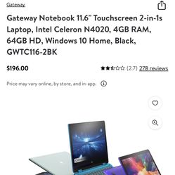 Gateway Notebook 11.6" Touchscreen 2-in-1s Laptop, Intel Celeron N4020, 4GB RAM, 64GB HD, Windows 10 Home, Black, GWTC116-2BK