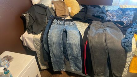 Boys bag of clothes and R1881 Camo Jacket with Hood and a all in motion XL size 14 jeans, sweatpants