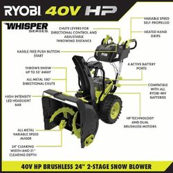 Brand New Ryobi 40V HP Brushless 24 in. Single-Stage Cordless Electric Auger Propelled Snow Blower.