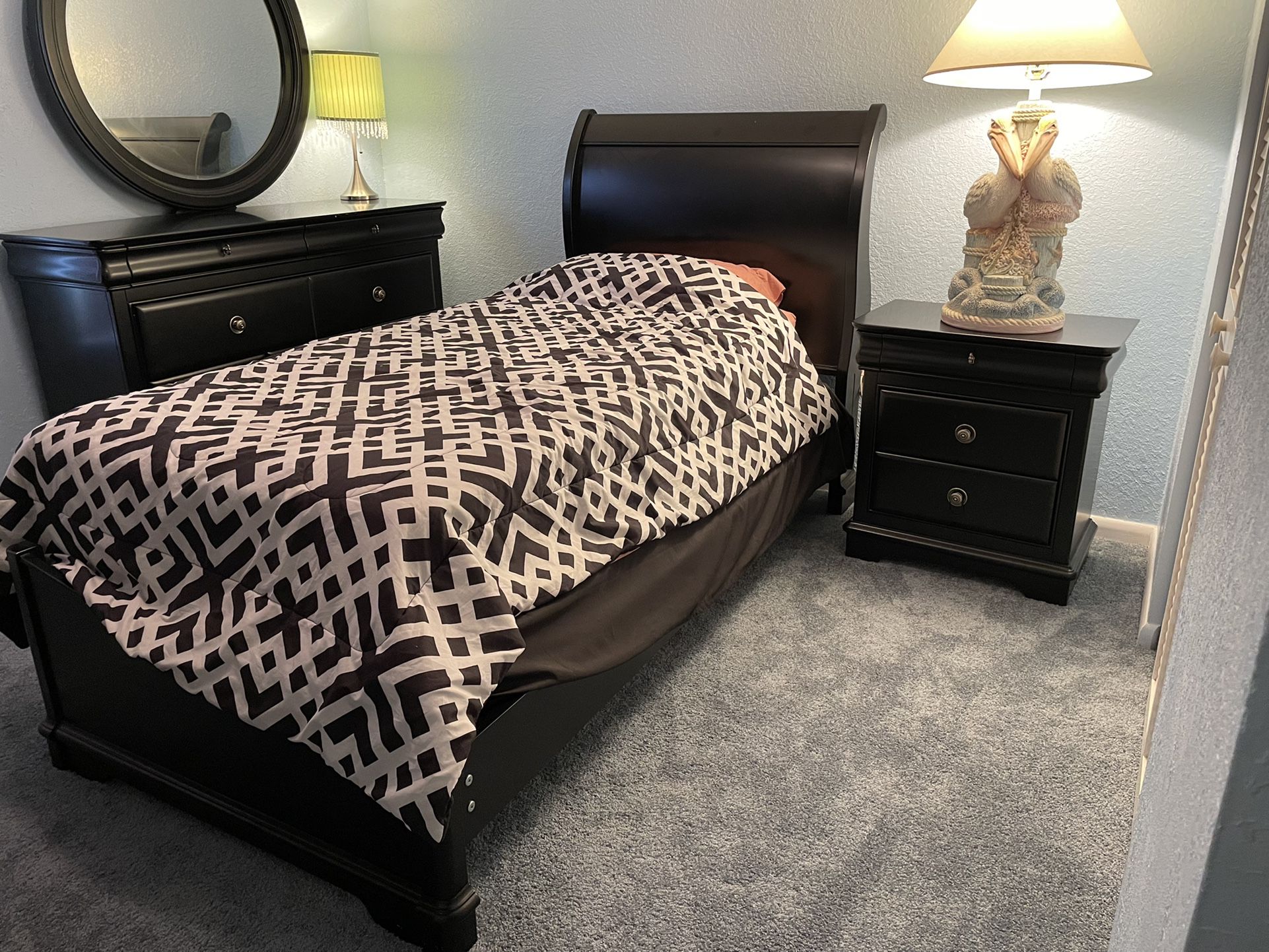 Twin bed Frame With Mattress, Dresser, Nightstand