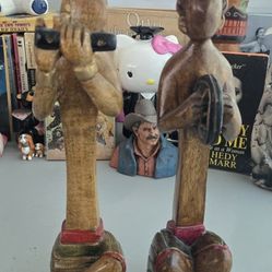 Lot (2) Vintage Indian Wooden Musicians Figurine Sculptures Original Hand Carved
