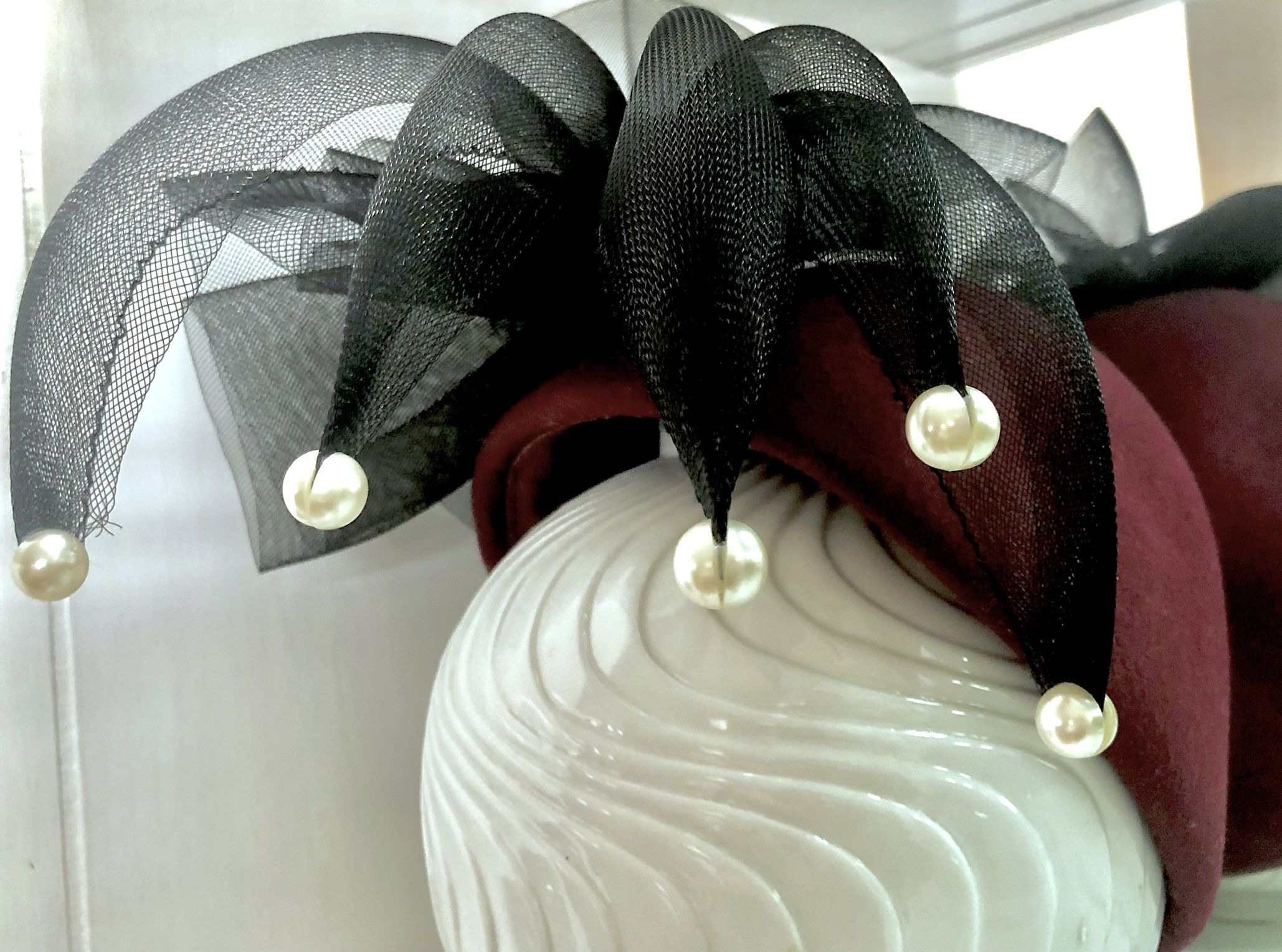 Vintage Wine Wool Black Mesh Pearl Hat w/ Veil by: Mr. John