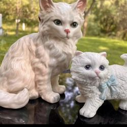 Homeco Vintage Porcelain Cat Pair Fluffy White Blue Eyes Persian Figurine Small