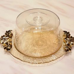 Serving Plate With Dome And Gold Handles