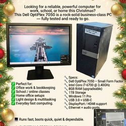 Dell OptiPlex 7050
Intel Core i7-6700 @ 3.40GHz
8GB RAM
1TB Storage
Windows 11 Pro
Includes 19” Monitor + Keyboard
USB 3.0 + USB-C
DisplayPort / HDMI