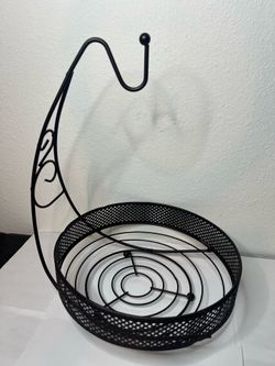 Black Metal Round 2-Tier Freestanding Fruit/Vegetable Basket w/ Banana Hook